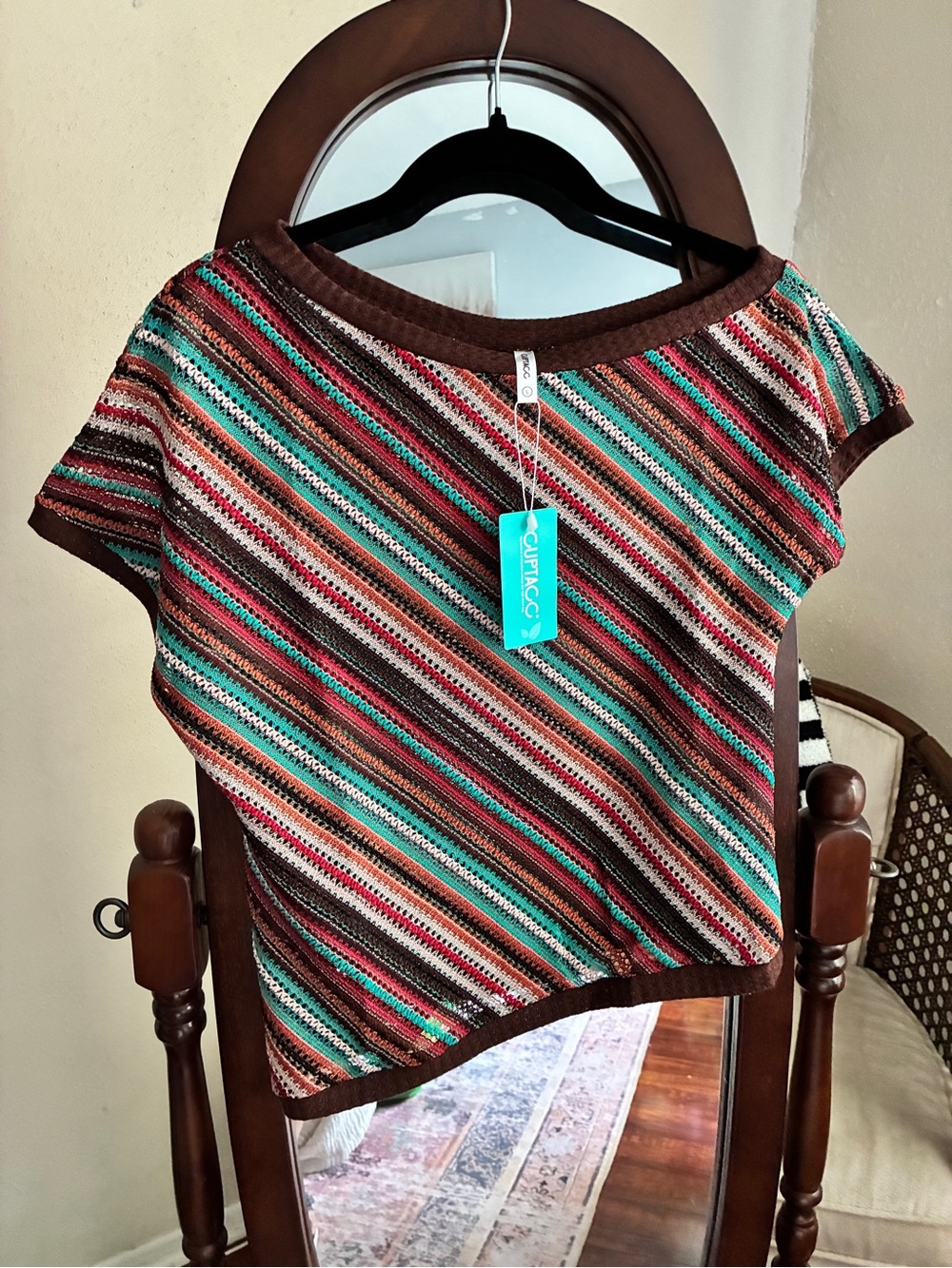BTC Diagonal Striped Assymetrical Open Knit Top, Brown Fall Colors, Jr Large NEW
